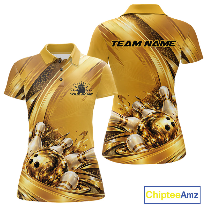 Custom Golden Bowling Ball And Pins Bowling Team League Women Polo Shirt IPHW12835
