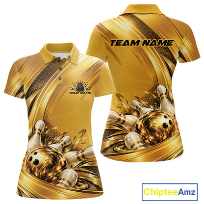 Custom Golden Bowling Ball And Pins Bowling Team League Women Polo Shirt IPHW12835