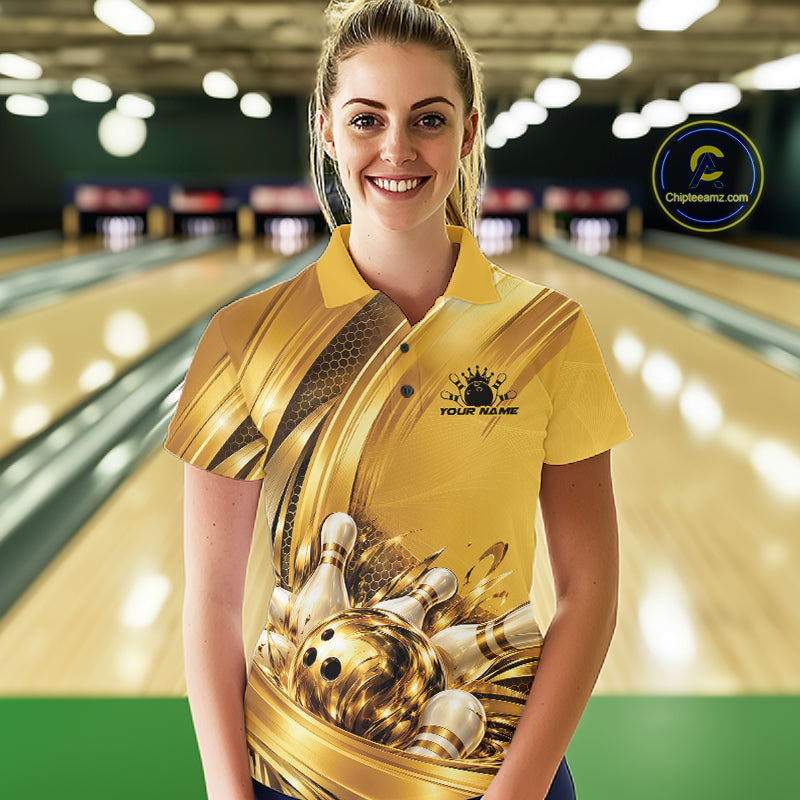 Custom Golden Bowling Ball And Pins Bowling Team League Women Polo Shirt IPHW12835
