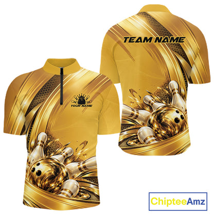 Custom Golden Bowling Ball And Pins Bowling Team League Men Quarter Zip Shirt IPHW12835