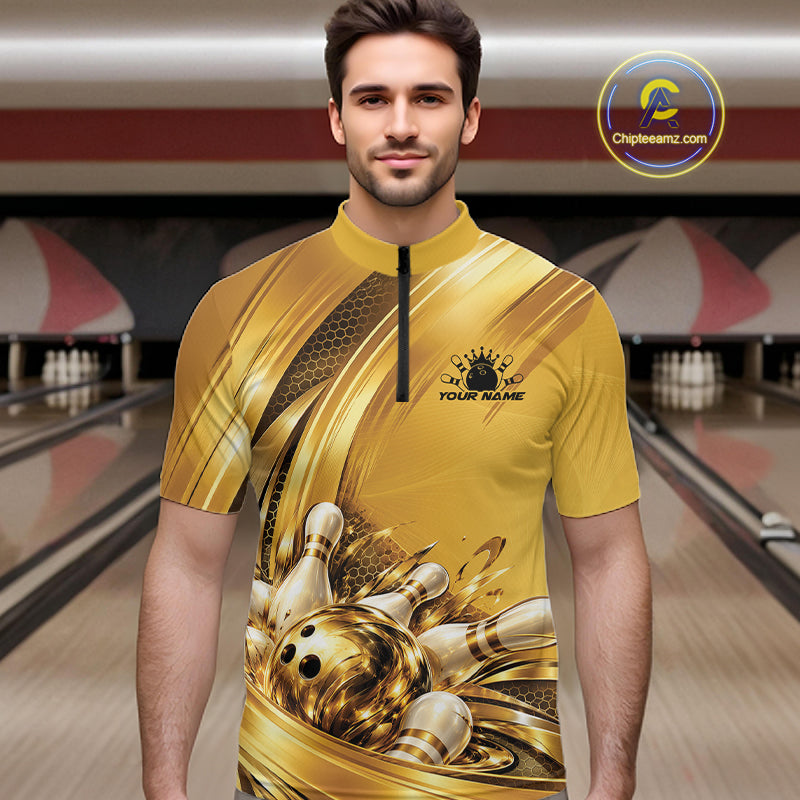 Custom Golden Bowling Ball And Pins Bowling Team League Men Quarter Zip Shirt IPHW12835