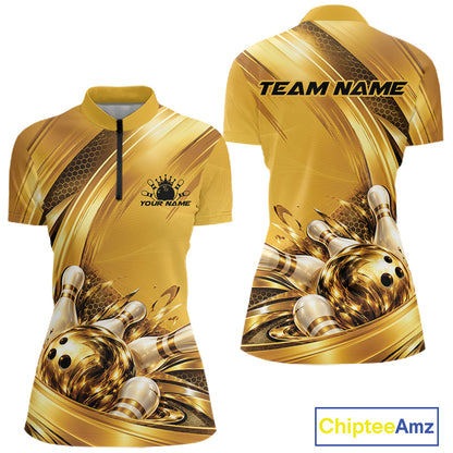 Custom Golden Bowling Ball And Pins Bowling Team League Women Quarter-Zip Shirt IPHW12835