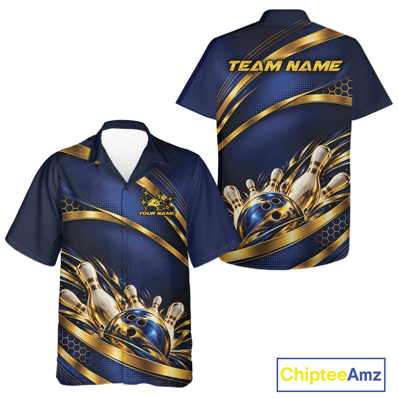 Custom Blue And Gold Bowling Team Button Up Shirt For Men And Women, Bowling Tournament Jersey IPHW12837