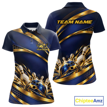Custom Blue And Gold Bowling Team Polo Shirt For Women, Bowling Tournament Jersey IPHW12837