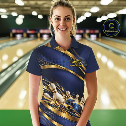 Custom Blue And Gold Bowling Team Polo Shirt For Women, Bowling Tournament Jersey IPHW12837
