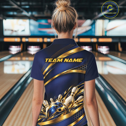 Custom Blue And Gold Bowling Team Polo Shirt For Women, Bowling Tournament Jersey IPHW12837