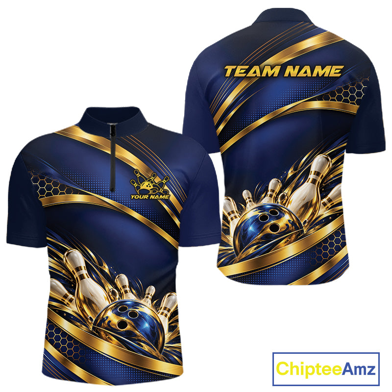 Custom Blue And Gold Bowling Team Quarter Zip Shirt For Men, Bowling Tournament Jersey IPHW12837