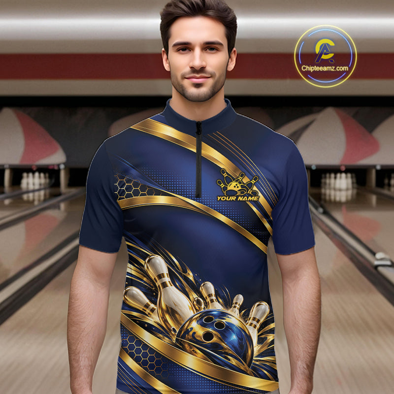 Custom Blue And Gold Bowling Team Quarter Zip Shirt For Men, Bowling Tournament Jersey IPHW12837