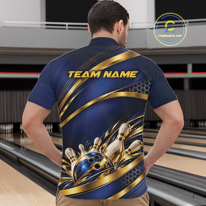 Custom Blue And Gold Bowling Team Quarter Zip Shirt For Men, Bowling Tournament Jersey IPHW12837
