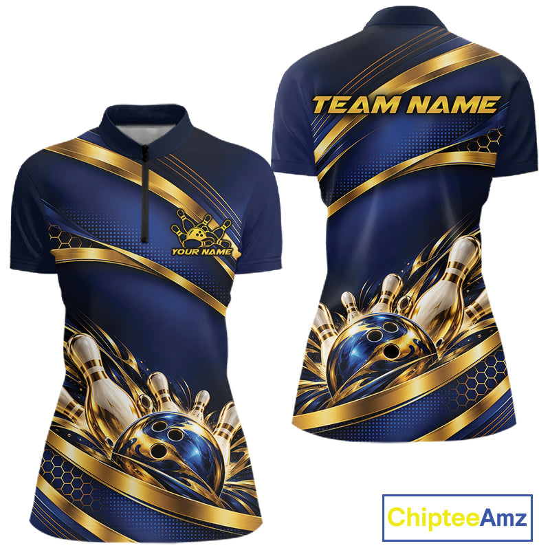 Custom Blue And Gold Bowling Team Quarter-Zip Shirt For Women, Bowling Tournament Jersey IPHW12837