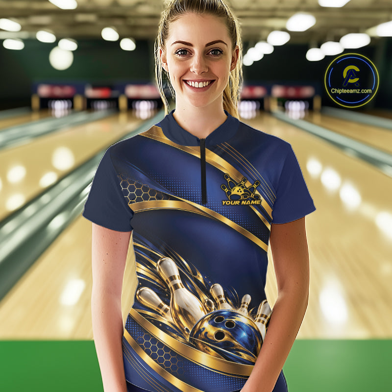 Custom Blue And Gold Bowling Team Quarter-Zip Shirt For Women, Bowling Tournament Jersey IPHW12837