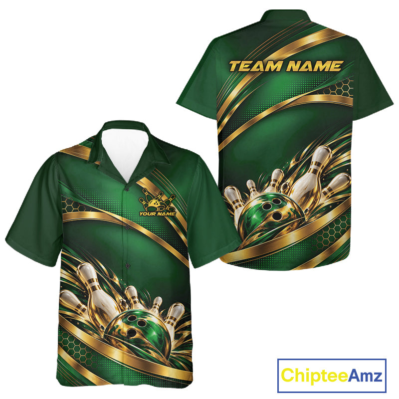 Custom Green And Gold Bowling Team Button Up Shirt For Men And Women, Bowling Tournament Jersey IPHW12838