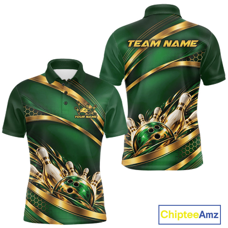 Custom Green And Gold Bowling Team Polo Shirt For Men, Bowling Tournament Jersey IPHW12838
