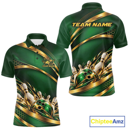 Custom Green And Gold Bowling Team Polo Shirt For Men, Bowling Tournament Jersey IPHW12838