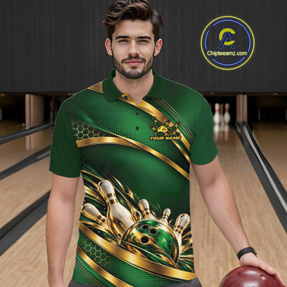 Custom Green And Gold Bowling Team Polo Shirt For Men, Bowling Tournament Jersey IPHW12838