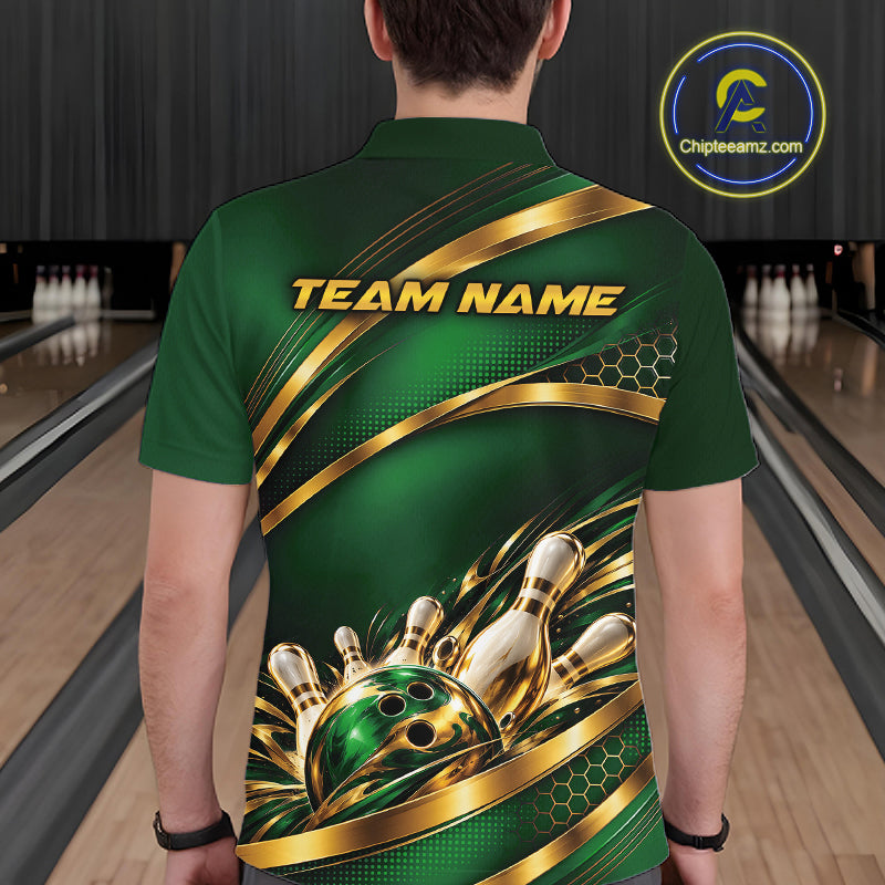 Custom Green And Gold Bowling Team Polo Shirt For Men, Bowling Tournament Jersey IPHW12838