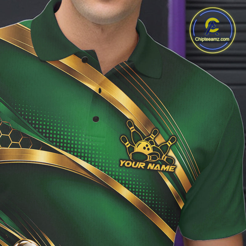 Custom Green And Gold Bowling Team Polo Shirt For Men, Bowling Tournament Jersey IPHW12838