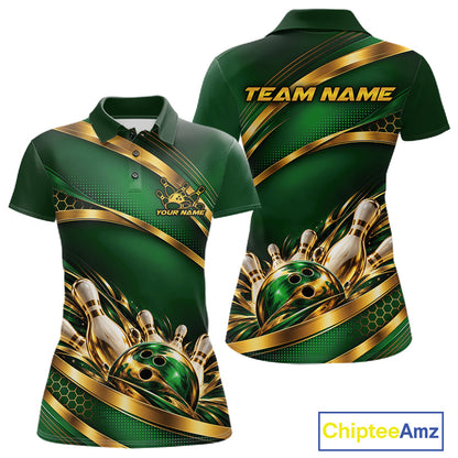 Custom Green And Gold Bowling Team Polo Shirt For Women, Bowling Tournament Jersey IPHW12838