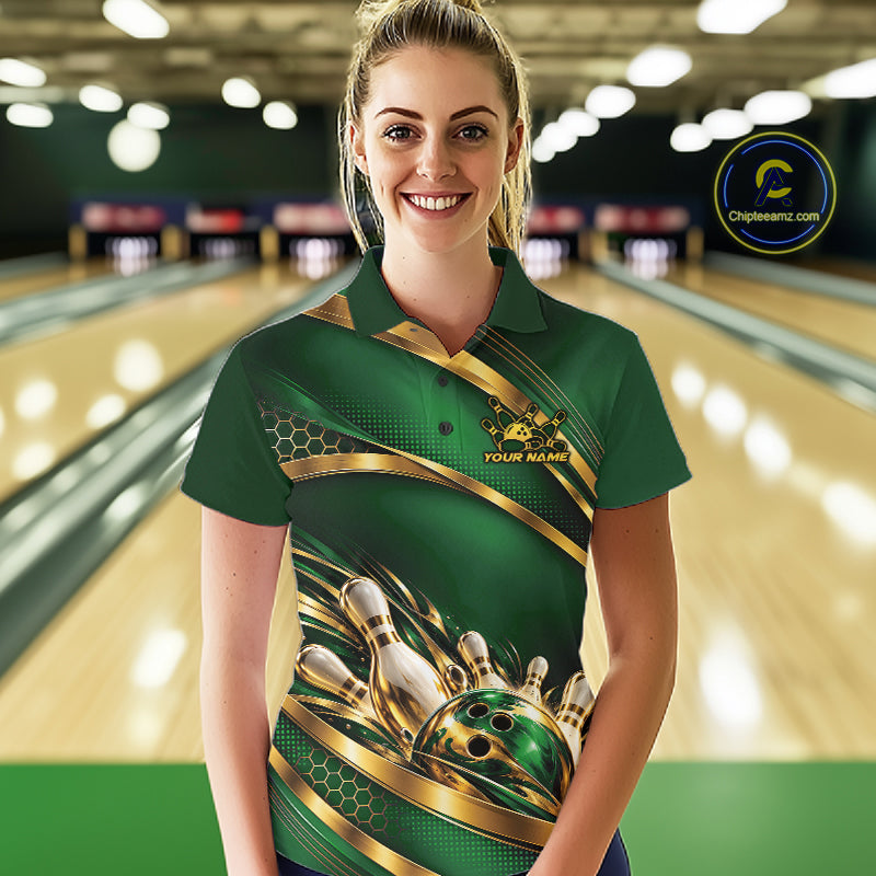 Custom Green And Gold Bowling Team Polo Shirt For Women, Bowling Tournament Jersey IPHW12838