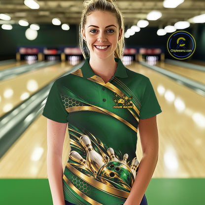 Custom Green And Gold Bowling Team Polo Shirt For Women, Bowling Tournament Jersey IPHW12838