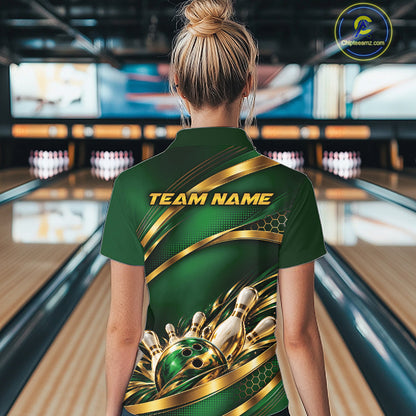 Custom Green And Gold Bowling Team Polo Shirt For Women, Bowling Tournament Jersey IPHW12838