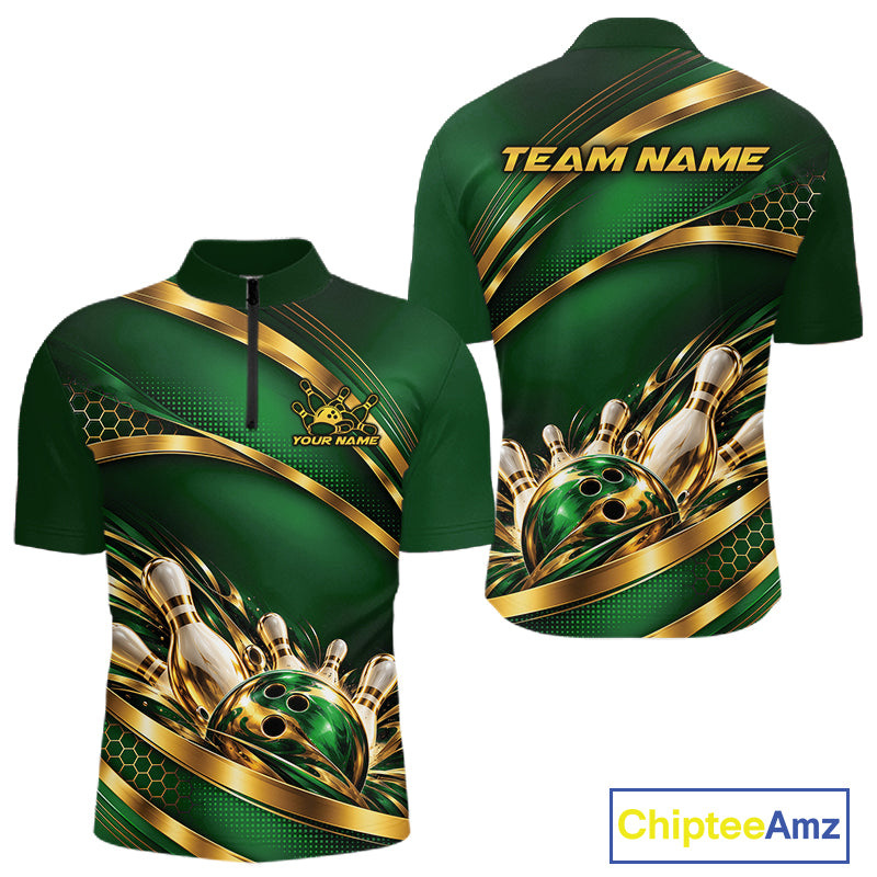 Custom Green And Gold Bowling Team Quarter Zip Shirt For Men, Bowling Tournament Jersey IPHW12838