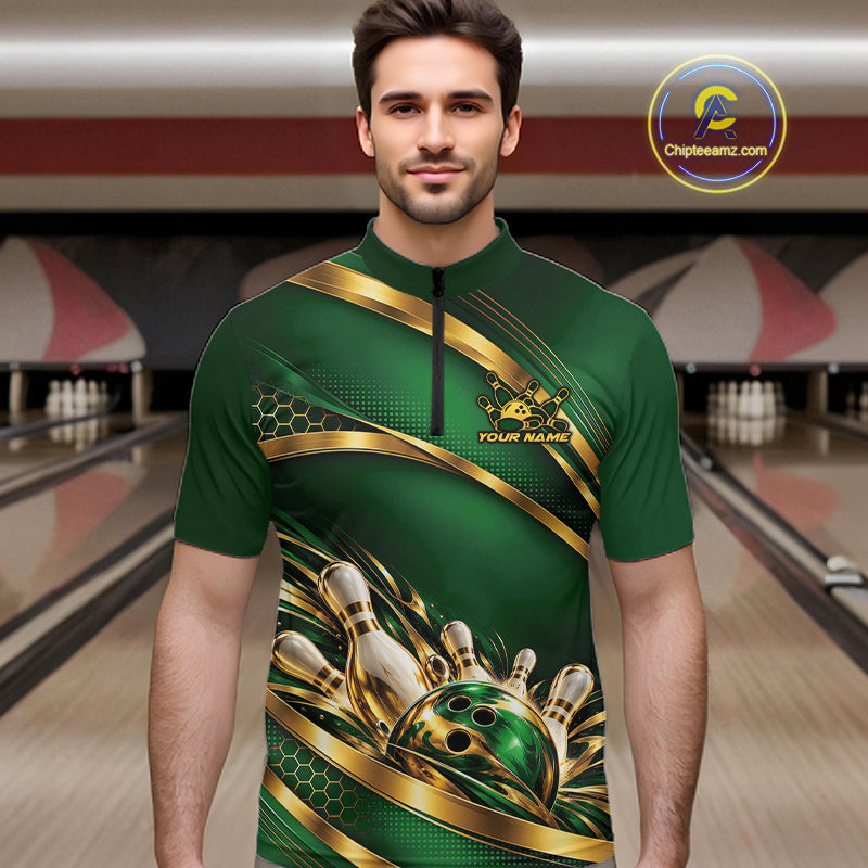 Custom Green And Gold Bowling Team Quarter Zip Shirt For Men, Bowling Tournament Jersey IPHW12838