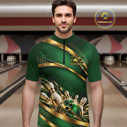Custom Green And Gold Bowling Team Quarter Zip Shirt For Men, Bowling Tournament Jersey IPHW12838