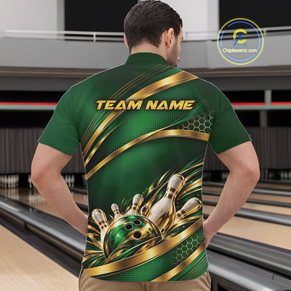 Custom Green And Gold Bowling Team Quarter Zip Shirt For Men, Bowling Tournament Jersey IPHW12838