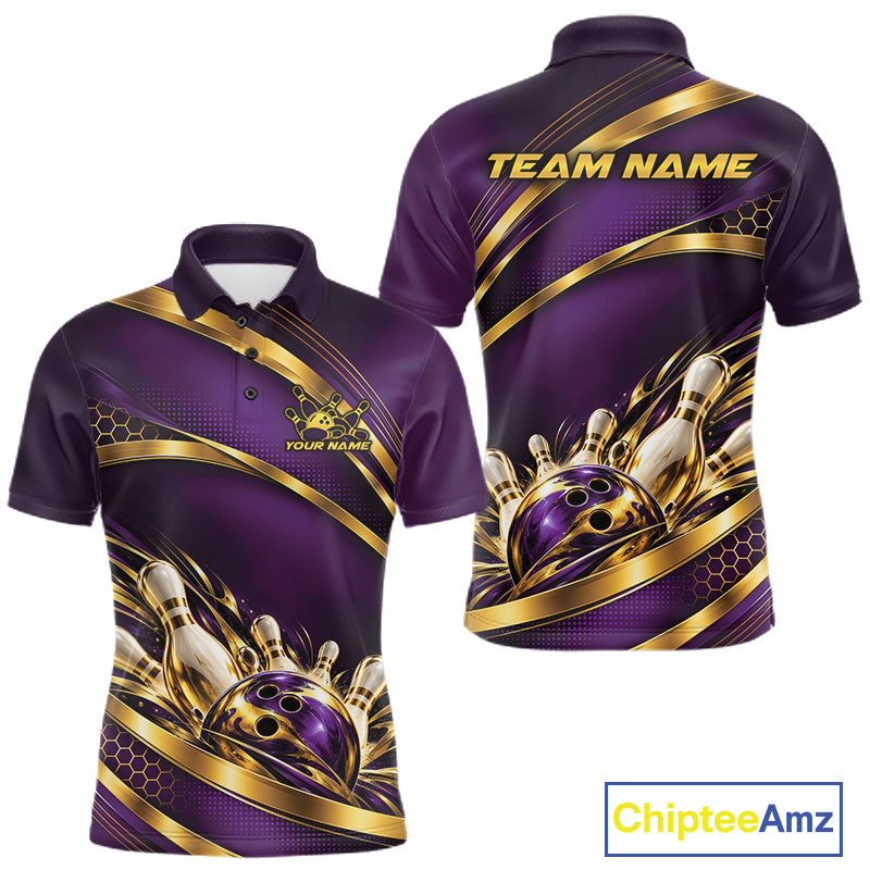 Custom Purple And Gold Bowling Team Polo Shirt For Men, Bowling Tournament Jersey IPHW12839
