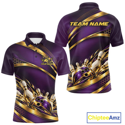 Custom Purple And Gold Bowling Team Polo Shirt For Men, Bowling Tournament Jersey IPHW12839