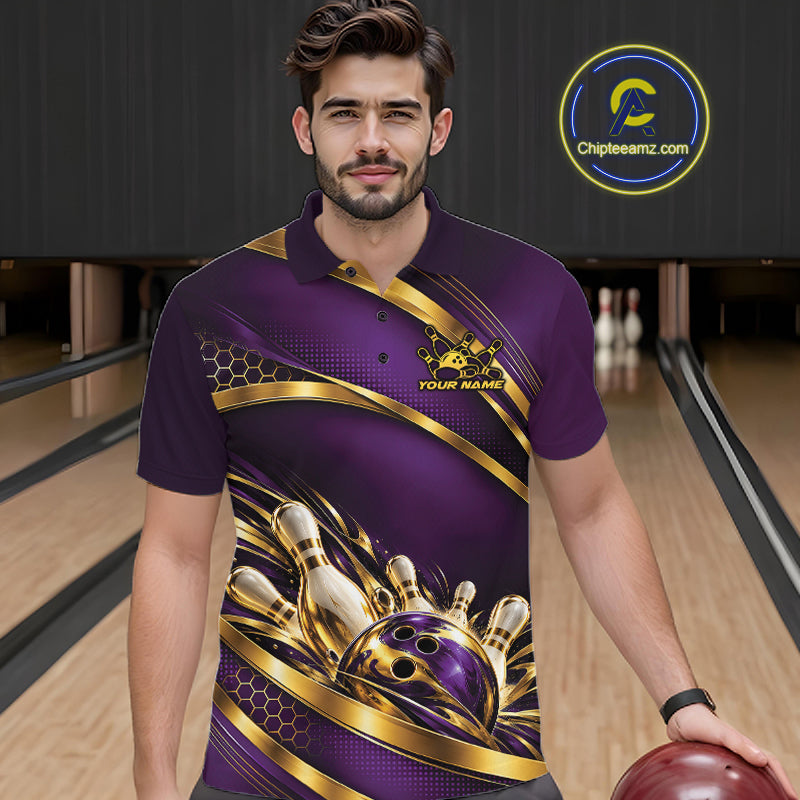Custom Purple And Gold Bowling Team Polo Shirt For Men, Bowling Tournament Jersey IPHW12839