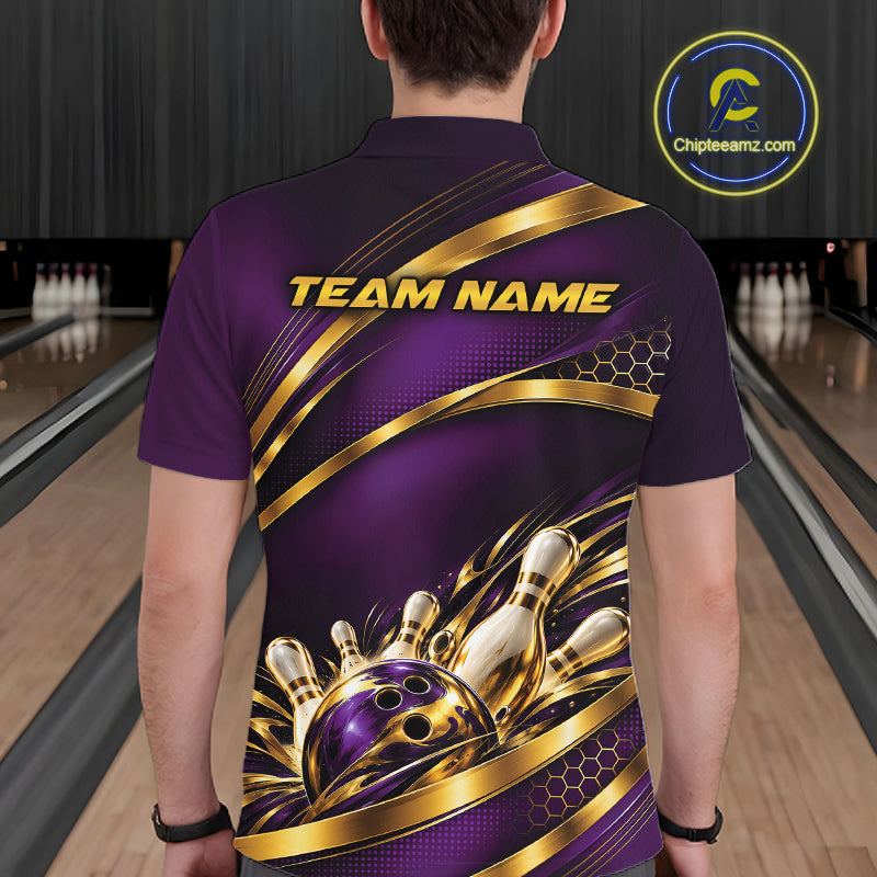 Custom Purple And Gold Bowling Team Polo Shirt For Men, Bowling Tournament Jersey IPHW12839