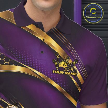Custom Purple And Gold Bowling Team Polo Shirt For Men, Bowling Tournament Jersey IPHW12839