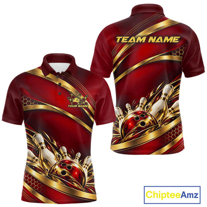 Custom Red And Gold Bowling Team Polo Shirt For Men, Bowling Tournament Jersey IPHW12840