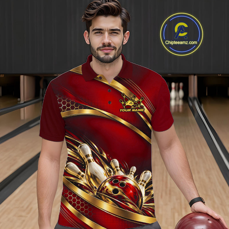 Custom Red And Gold Bowling Team Polo Shirt For Men, Bowling Tournament Jersey IPHW12840