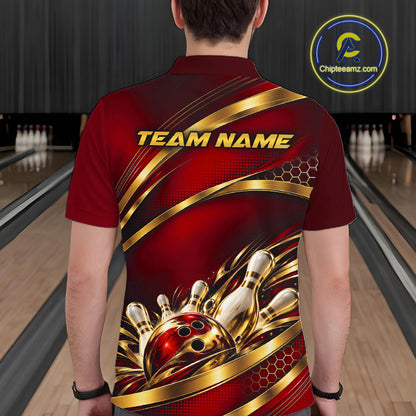 Custom Red And Gold Bowling Team Polo Shirt For Men, Bowling Tournament Jersey IPHW12840
