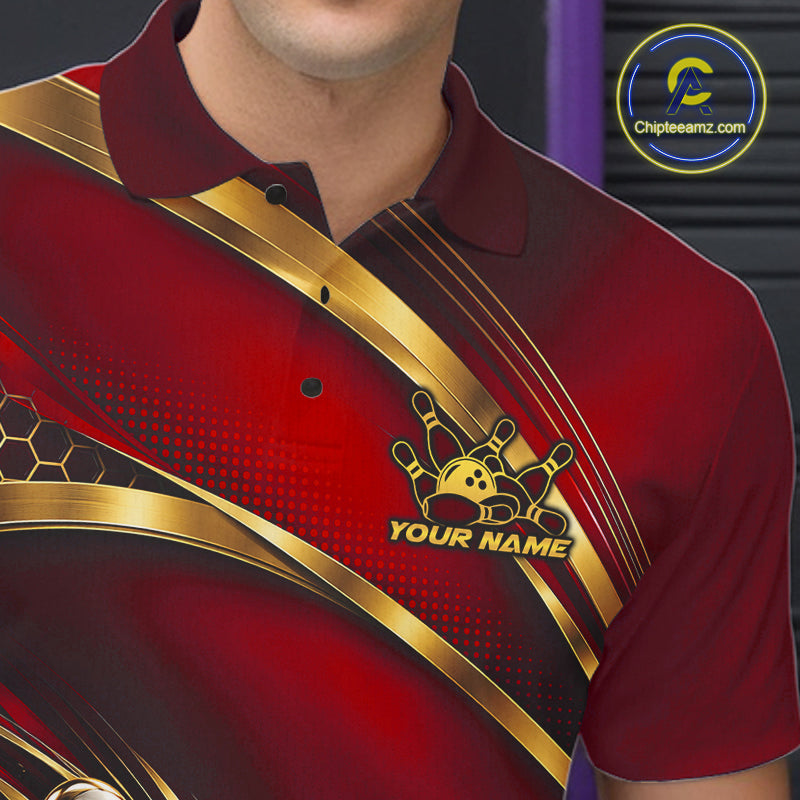 Custom Red And Gold Bowling Team Polo Shirt For Men, Bowling Tournament Jersey IPHW12840