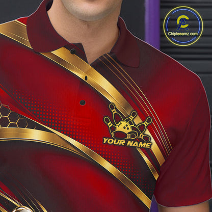 Custom Red And Gold Bowling Team Polo Shirt For Men, Bowling Tournament Jersey IPHW12840