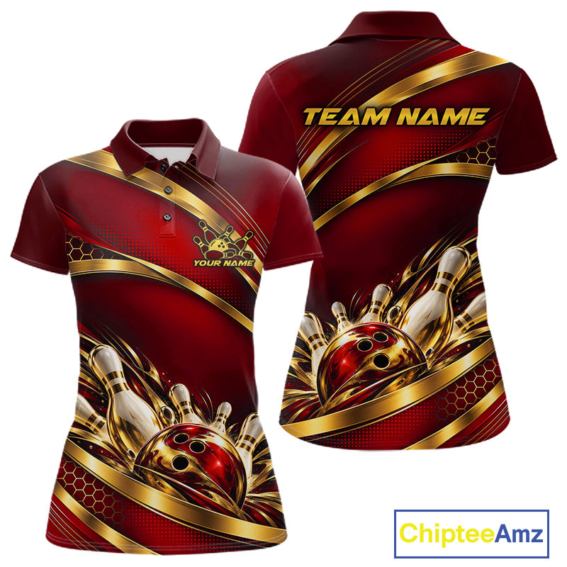 Custom Red And Gold Bowling Team Polo Shirt For Women, Bowling Tournament Jersey IPHW12840