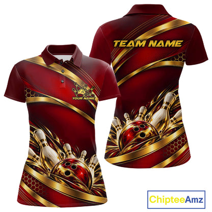 Custom Red And Gold Bowling Team Polo Shirt For Women, Bowling Tournament Jersey IPHW12840