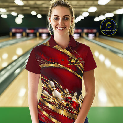 Custom Red And Gold Bowling Team Polo Shirt For Women, Bowling Tournament Jersey IPHW12840
