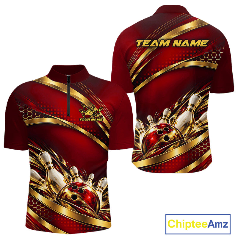 Custom Red And Gold Bowling Team Quarter Zip Shirt For Men, Bowling Tournament Jersey IPHW12840