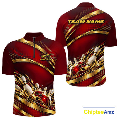 Custom Red And Gold Bowling Team Quarter Zip Shirt For Men, Bowling Tournament Jersey IPHW12840