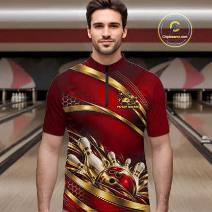 Custom Red And Gold Bowling Team Quarter Zip Shirt For Men, Bowling Tournament Jersey IPHW12840