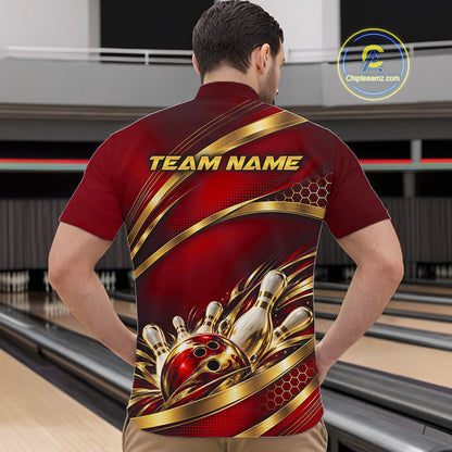 Custom Red And Gold Bowling Team Quarter Zip Shirt For Men, Bowling Tournament Jersey IPHW12840