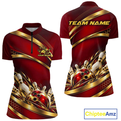 Custom Red And Gold Bowling Team Quarter-Zip Shirt For Women, Bowling Tournament Jersey IPHW12840