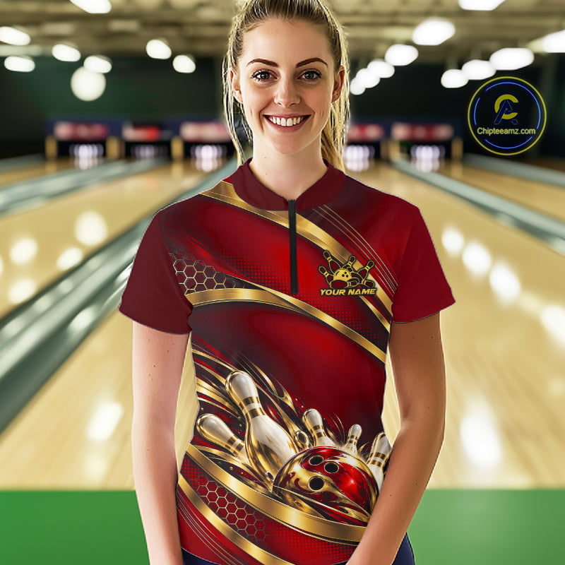 Custom Red And Gold Bowling Team Quarter-Zip Shirt For Women, Bowling Tournament Jersey IPHW12840