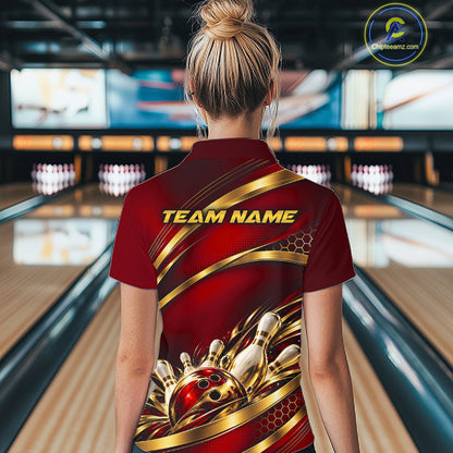 Custom Red And Gold Bowling Team Quarter-Zip Shirt For Women, Bowling Tournament Jersey IPHW12840