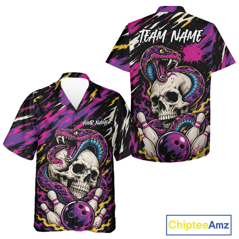 Front and back views of a short-sleeve  button-up shirt with a bold bowling-themed graphic print. The design features a large skull wrapped in a purple and blue snake, bowling pins, and bowling balls on a black background with pink, purple, and yellow lightning-style stripes.